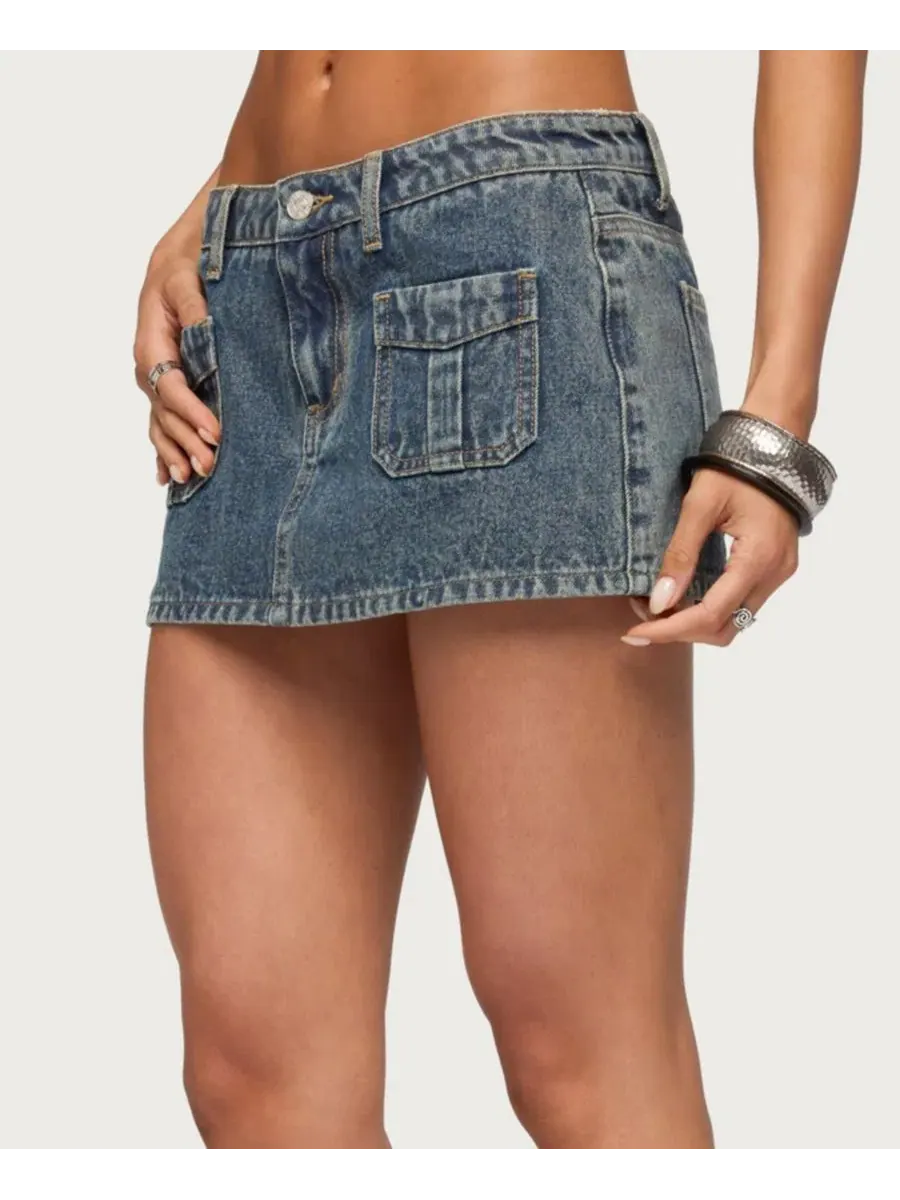 Джинсовая мини-юбка-шорты с принтом Ayala Washed Denim Micro Skort Edikted — изображение 5 из 5, синий-винтажный