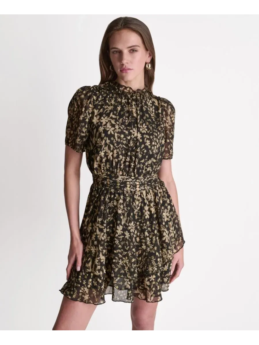 Платье с коротким рукавом-фонариком, с принтом, модель Printed Puff Short-Sleeve Mock-Neck BCBG