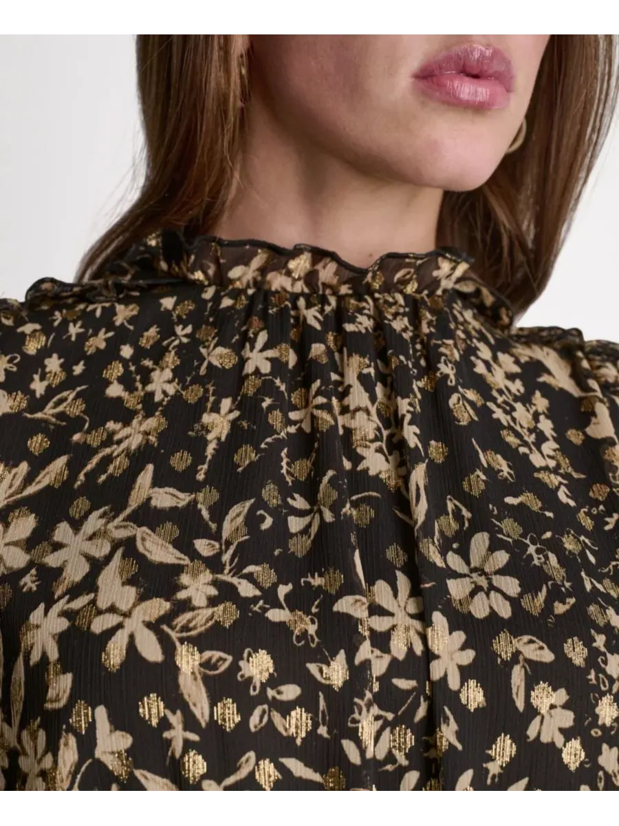 Платье с коротким рукавом-фонариком, с принтом, модель Printed Puff Short-Sleeve Mock-Neck BCBG — изображение 5 из 7, бежевый
