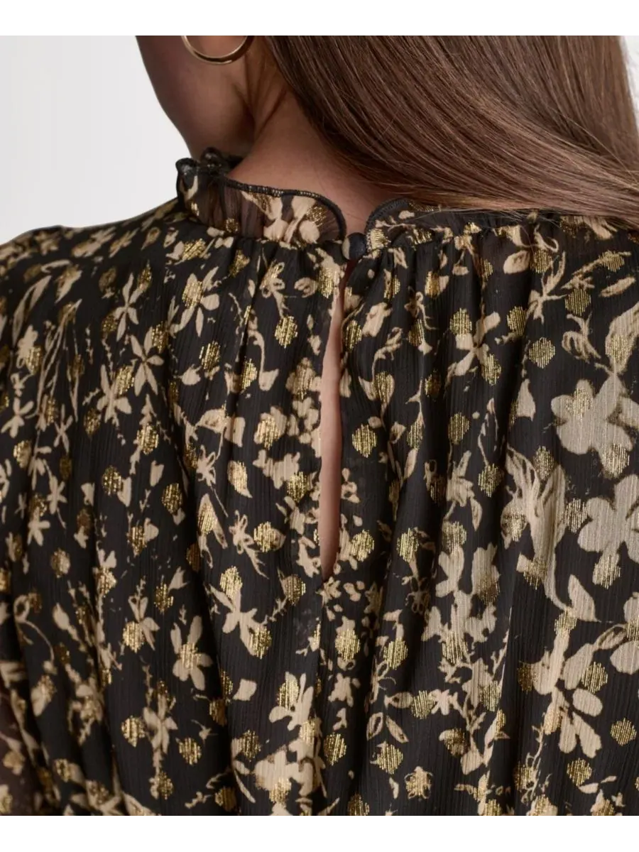 Платье с коротким рукавом-фонариком, с принтом, модель Printed Puff Short-Sleeve Mock-Neck BCBG — изображение 6 из 7, бежевый