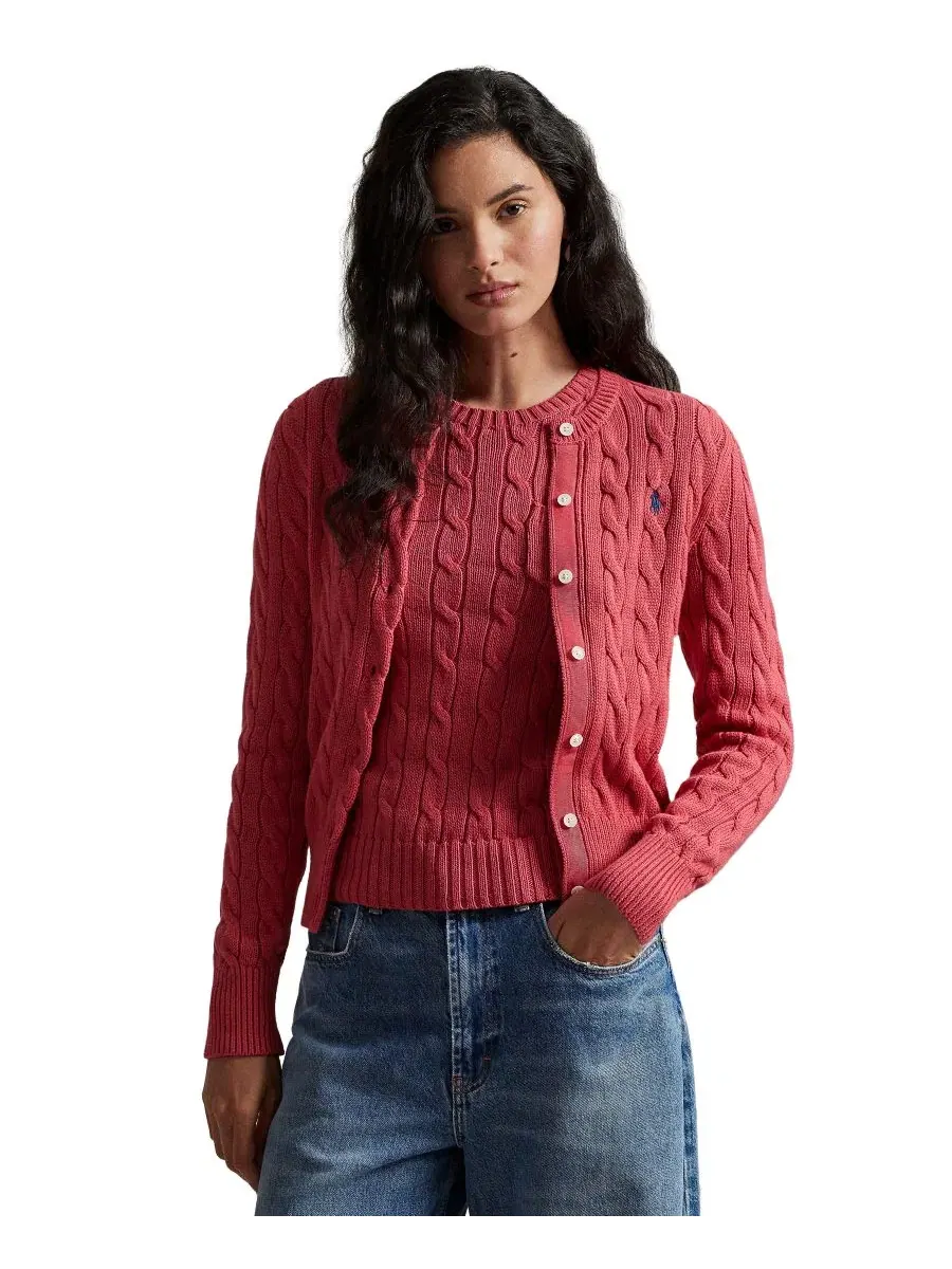 Кардиган с круглым вырезом из хлопка с косами Polo Ralph Lauren — изображение 1 из 5, красный