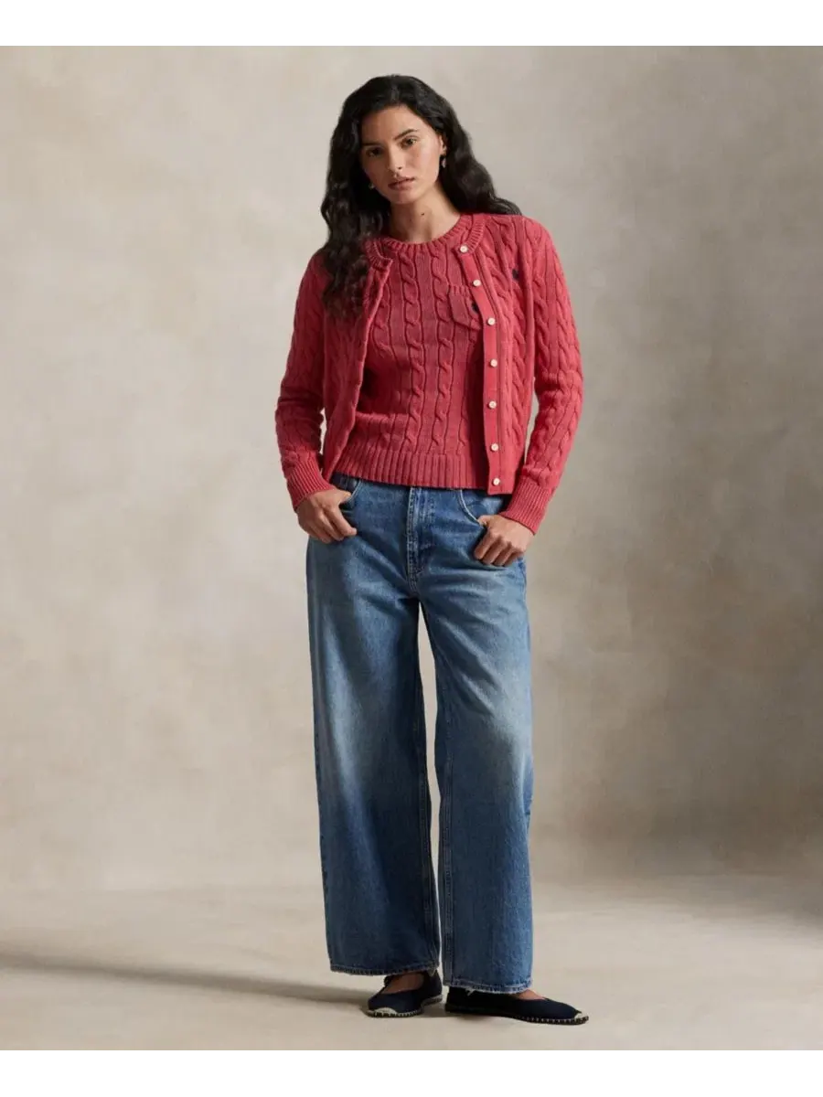 Кардиган с круглым вырезом из хлопка с косами Polo Ralph Lauren — изображение 4 из 5, красный