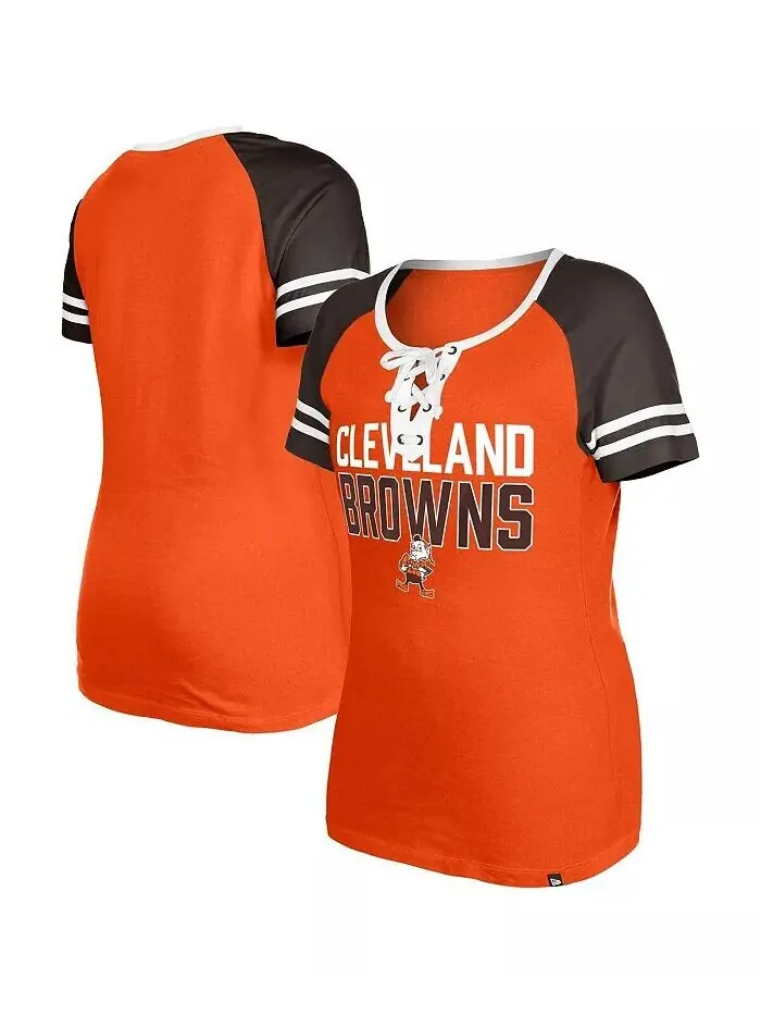Женская оранжевая состаренная футболка Cleveland Browns Throwback Raglan Lace Up New Era
