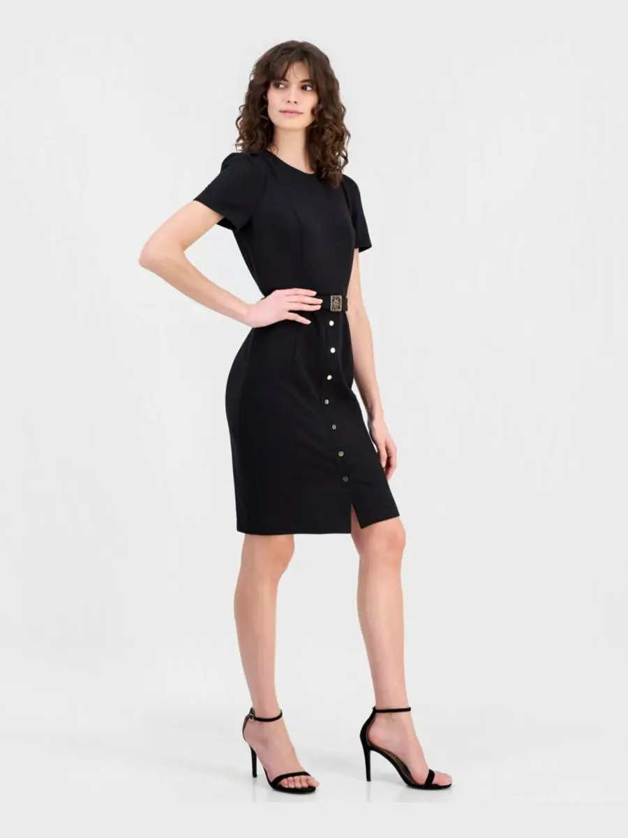 Женское платье-футляр с поясом и пышными рукавами Anne Klein — изображение 2 из 5, черный