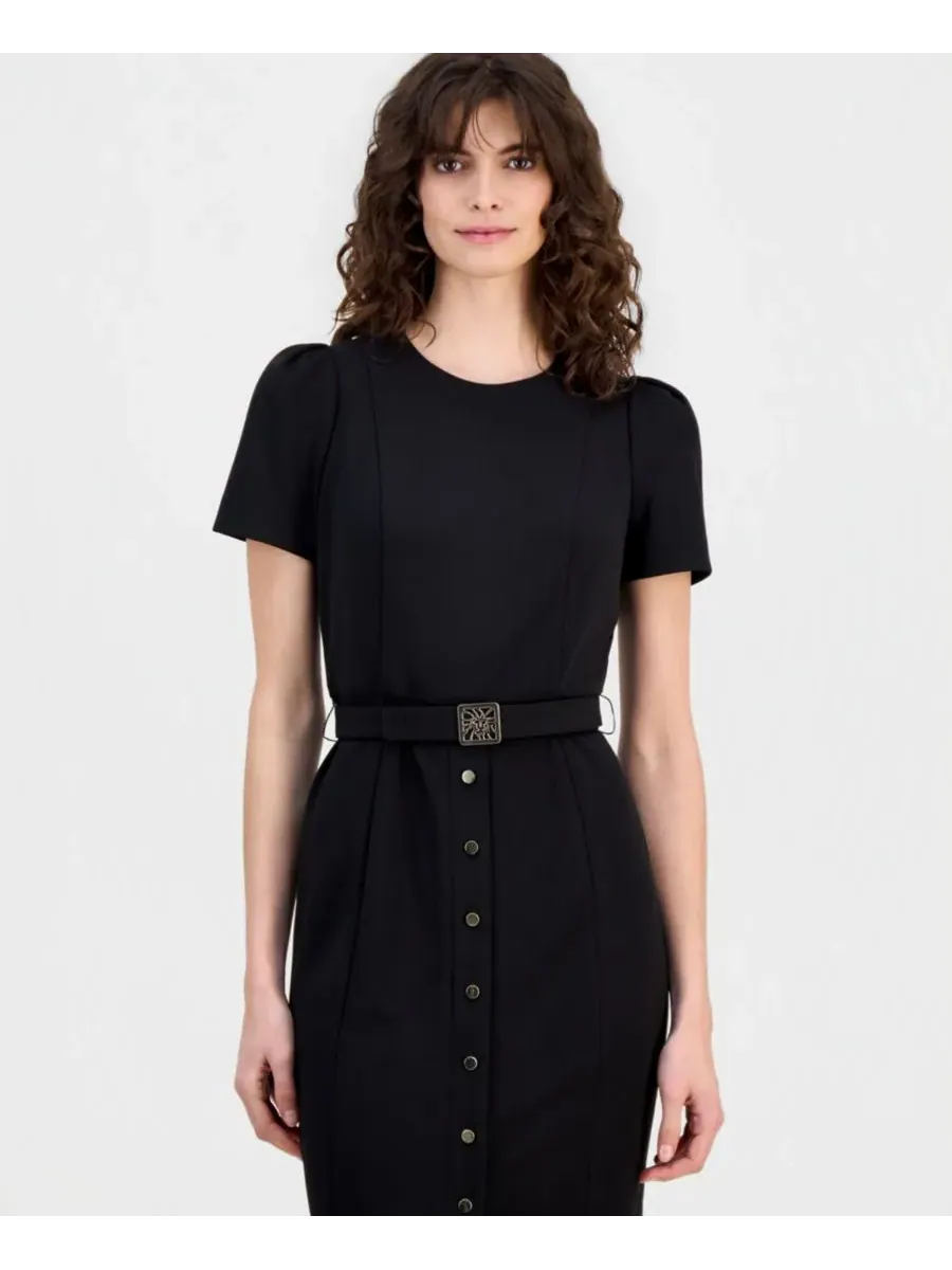 Женское платье-футляр с поясом и пышными рукавами Anne Klein — изображение 3 из 5, черный