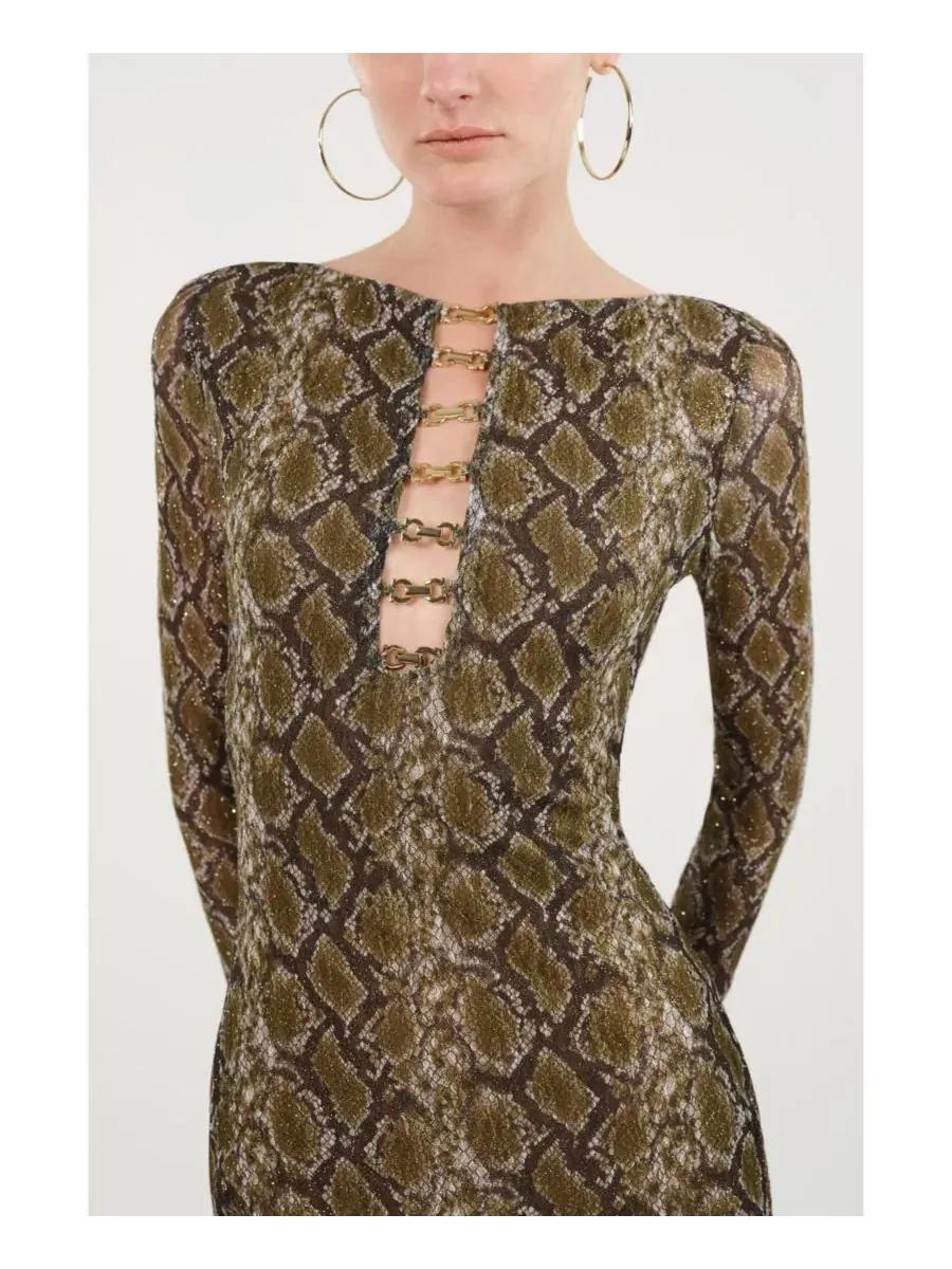 Платье макси с принтом змеи, с длинным рукавом, модель Snake Print Ring Detail NOCTURNE — изображение 4 из 9, мульти