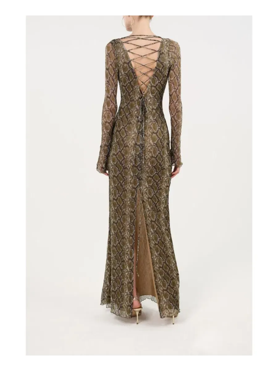 Платье макси с принтом змеи, с длинным рукавом, модель Snake Print Ring Detail NOCTURNE — изображение 5 из 9, мульти