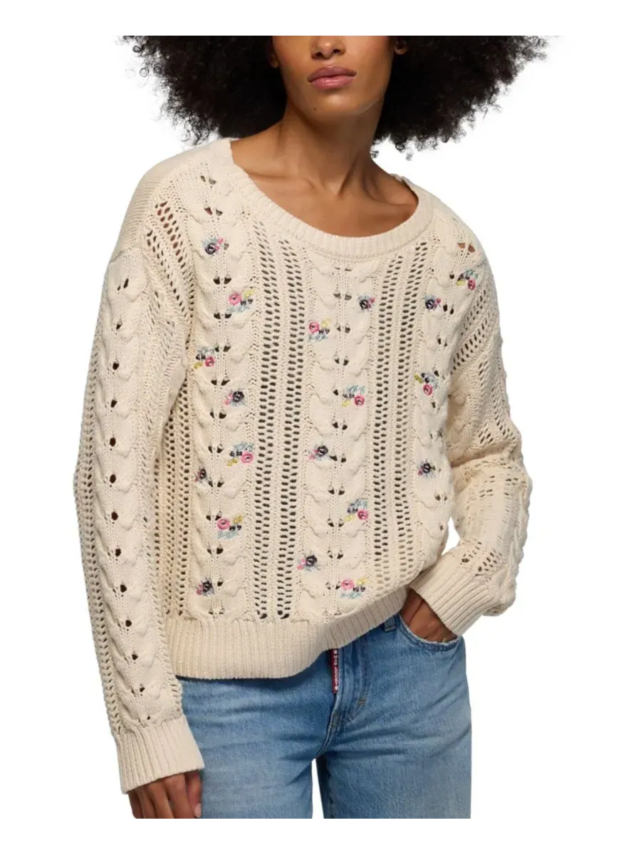 Свитер с цветочной вышивкой и косами Lucky Brand — изображение 1 из 7, серый