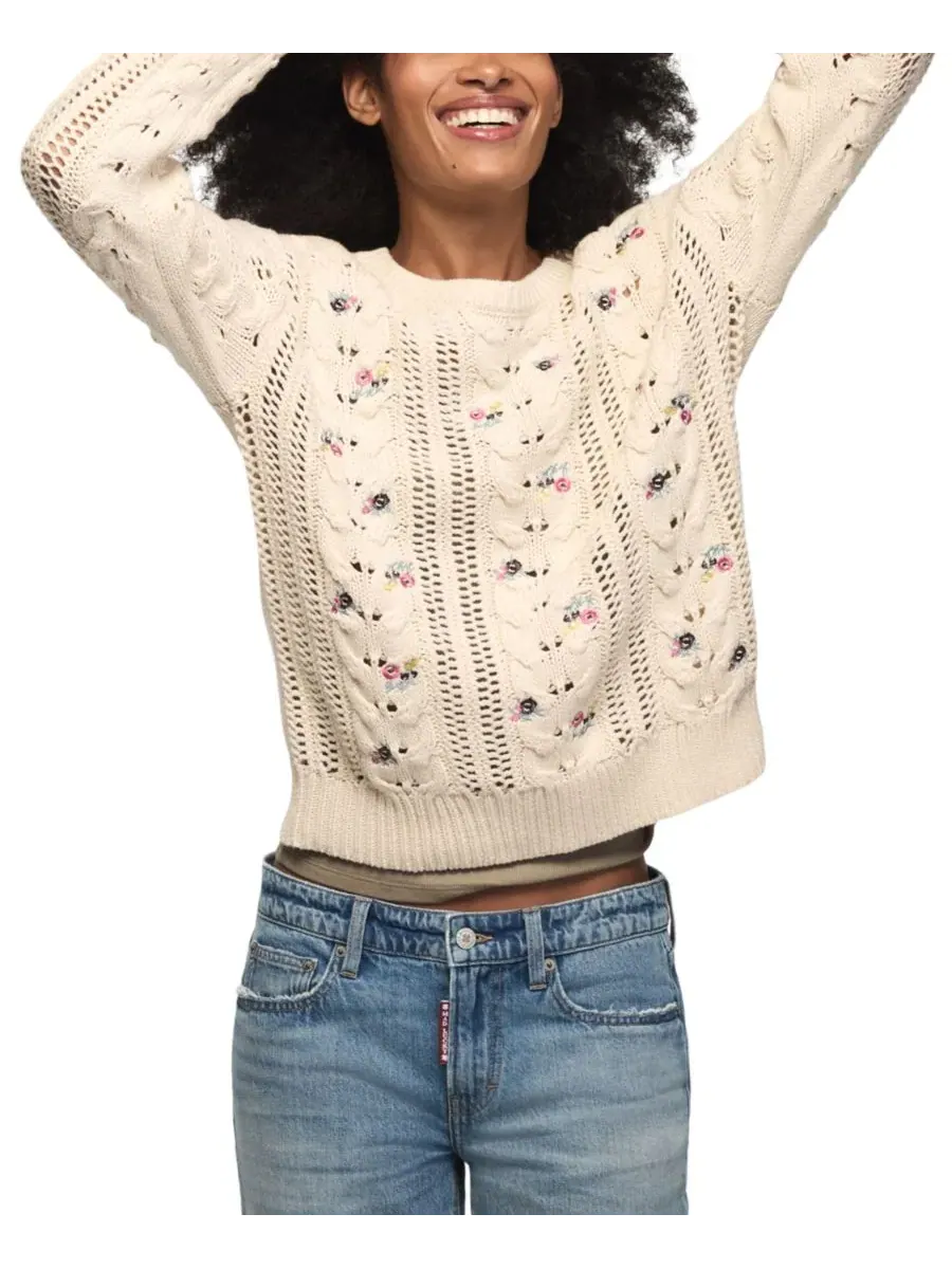 Свитер с цветочной вышивкой и косами Lucky Brand — изображение 2 из 7, серый