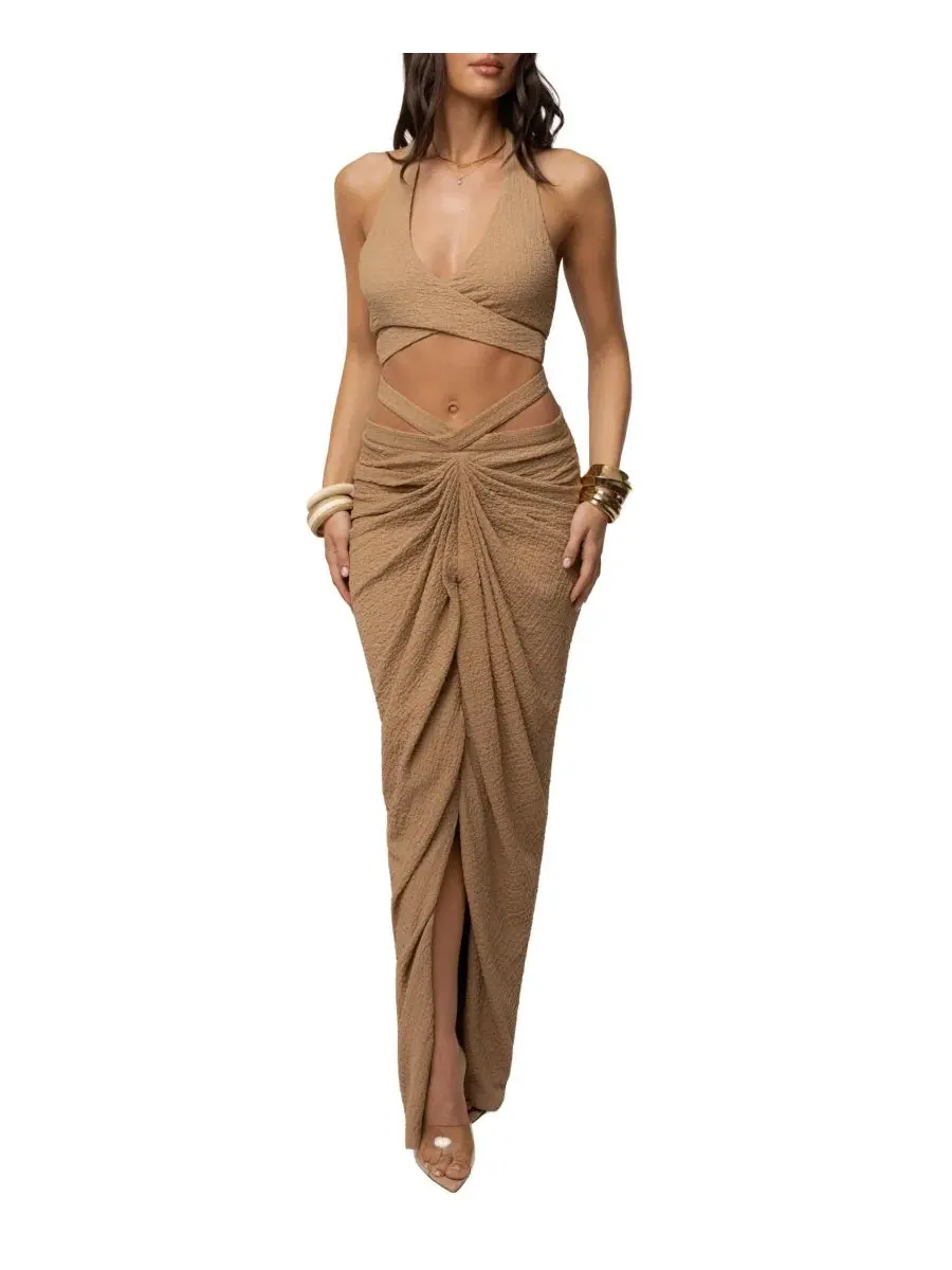 Комплект из топа-халтер и юбки макси Cabana Slit Maxi Skirt JLUXLABEL — изображение 6 из 8, бежевый
