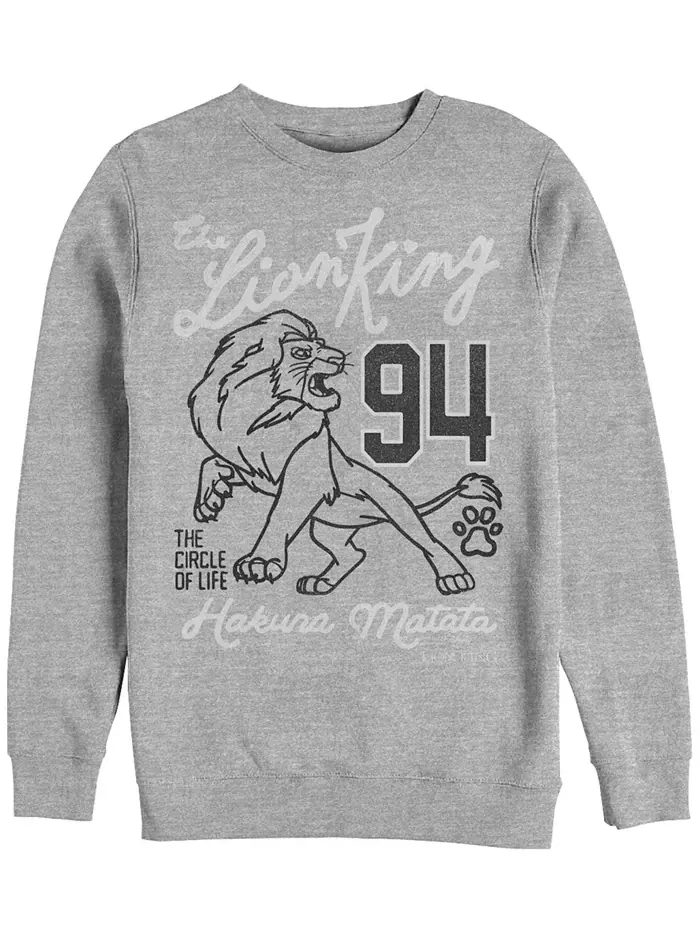 Disney Мужская толстовка Lion King Simba Collegiate 94 с круглым вырезом, флисовая Fifth Sun — изображение 1 из 1, серый