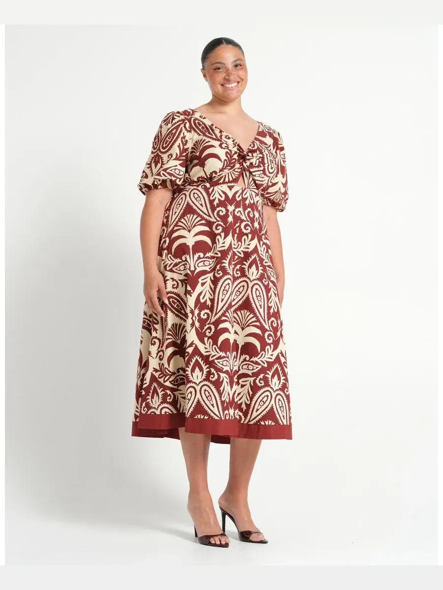 Платье-миди Aurela Cotton Print Twist Midi Dress ESTELLE — изображение 2 из 7, терракотовый