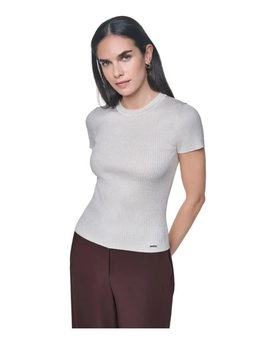 Женский джемпер с круглым вырезом и коротким рукавом Calvin Klein — изображение 1 из 6, бежевый