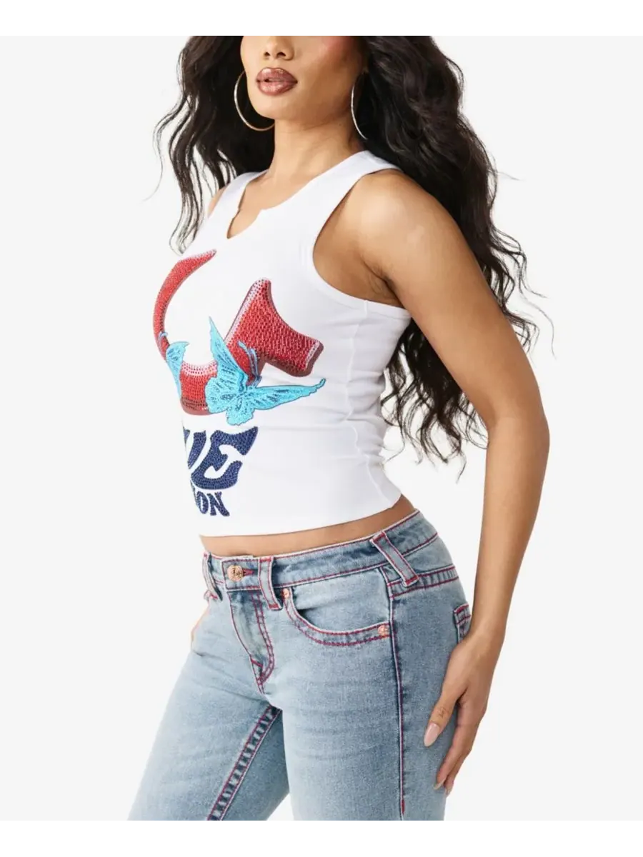 Женская майка-борцовка с V-образным вырезом и кристаллами True Religion — изображение 2 из 3, белый
