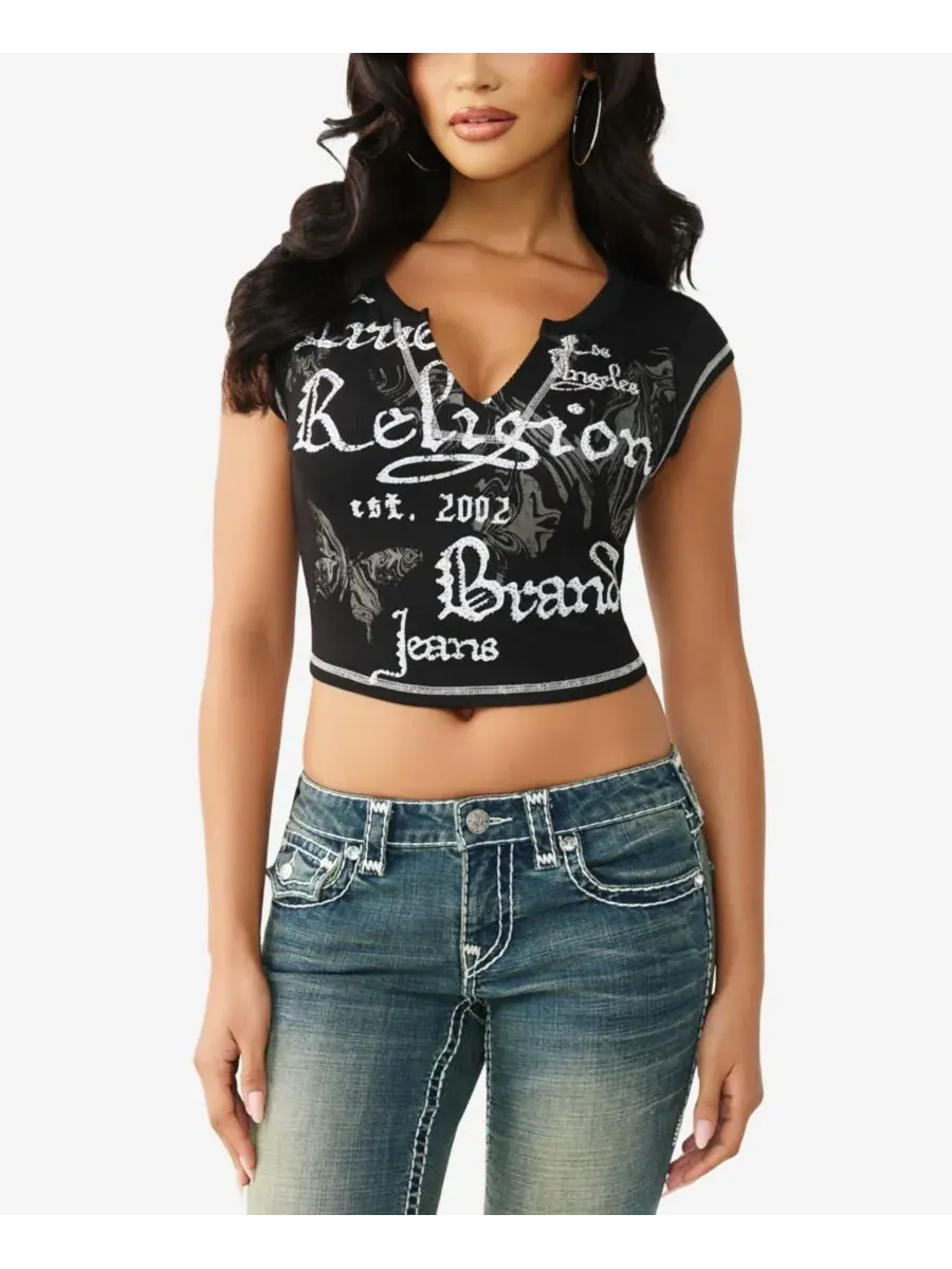 Женская футболка в рубчик с V-образным вырезом True Religion — изображение 1 из 3, черный