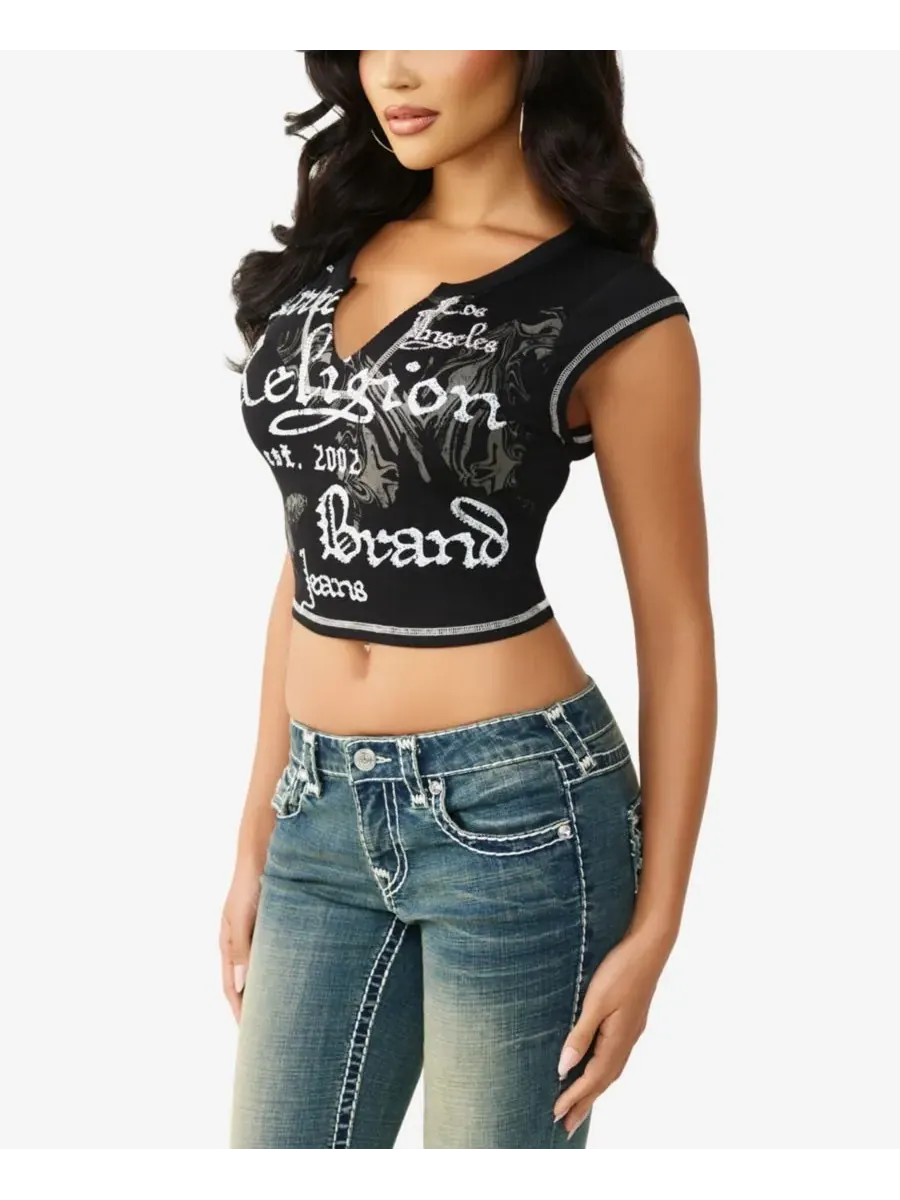 Женская футболка в рубчик с V-образным вырезом True Religion — изображение 2 из 3, черный