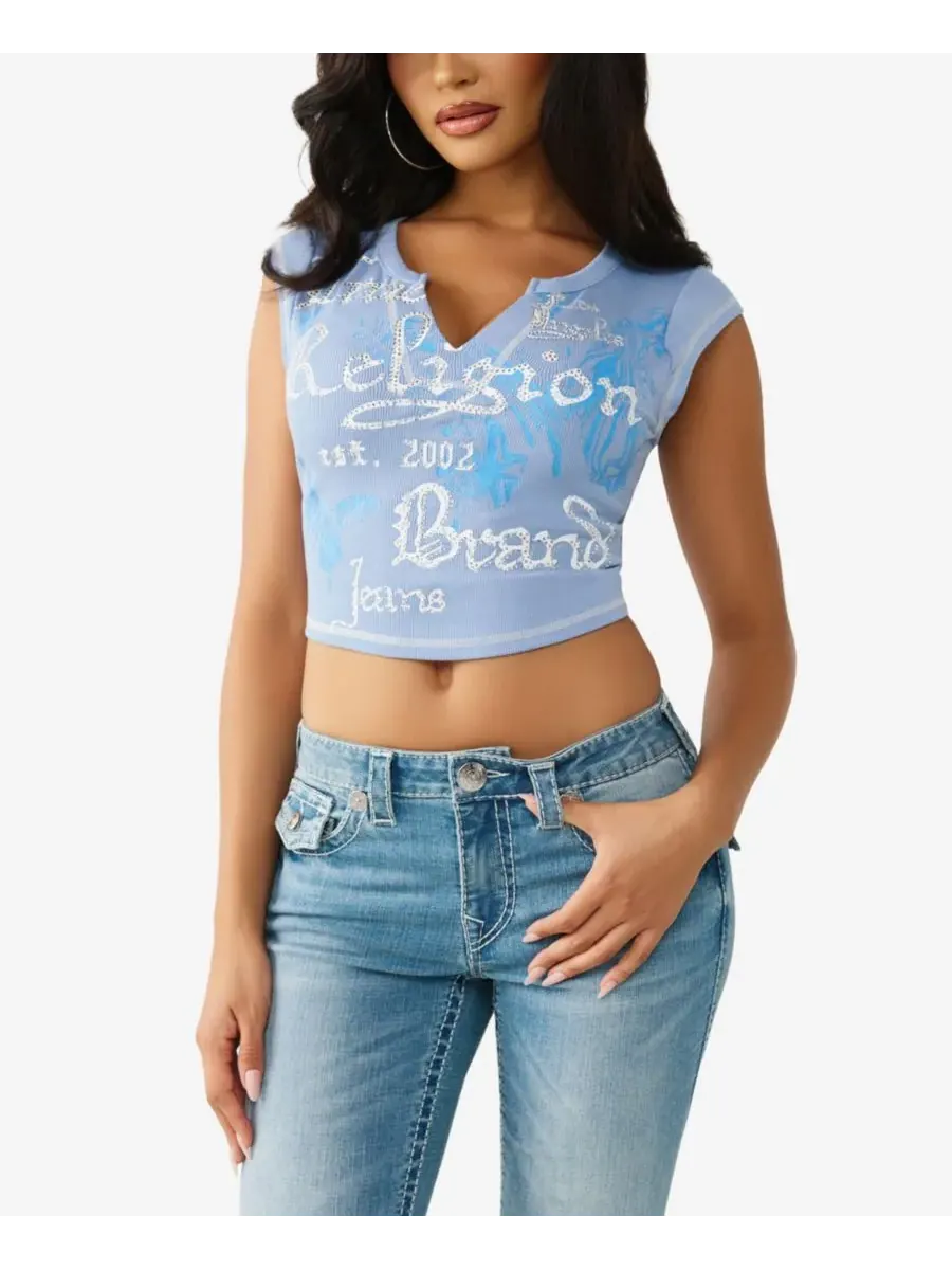 Женская футболка в рубчик с V-образным вырезом True Religion, Endless Sky — изображение 1 из 3
