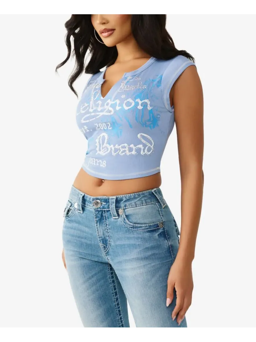 Женская футболка в рубчик с V-образным вырезом True Religion, Endless Sky — изображение 2 из 3