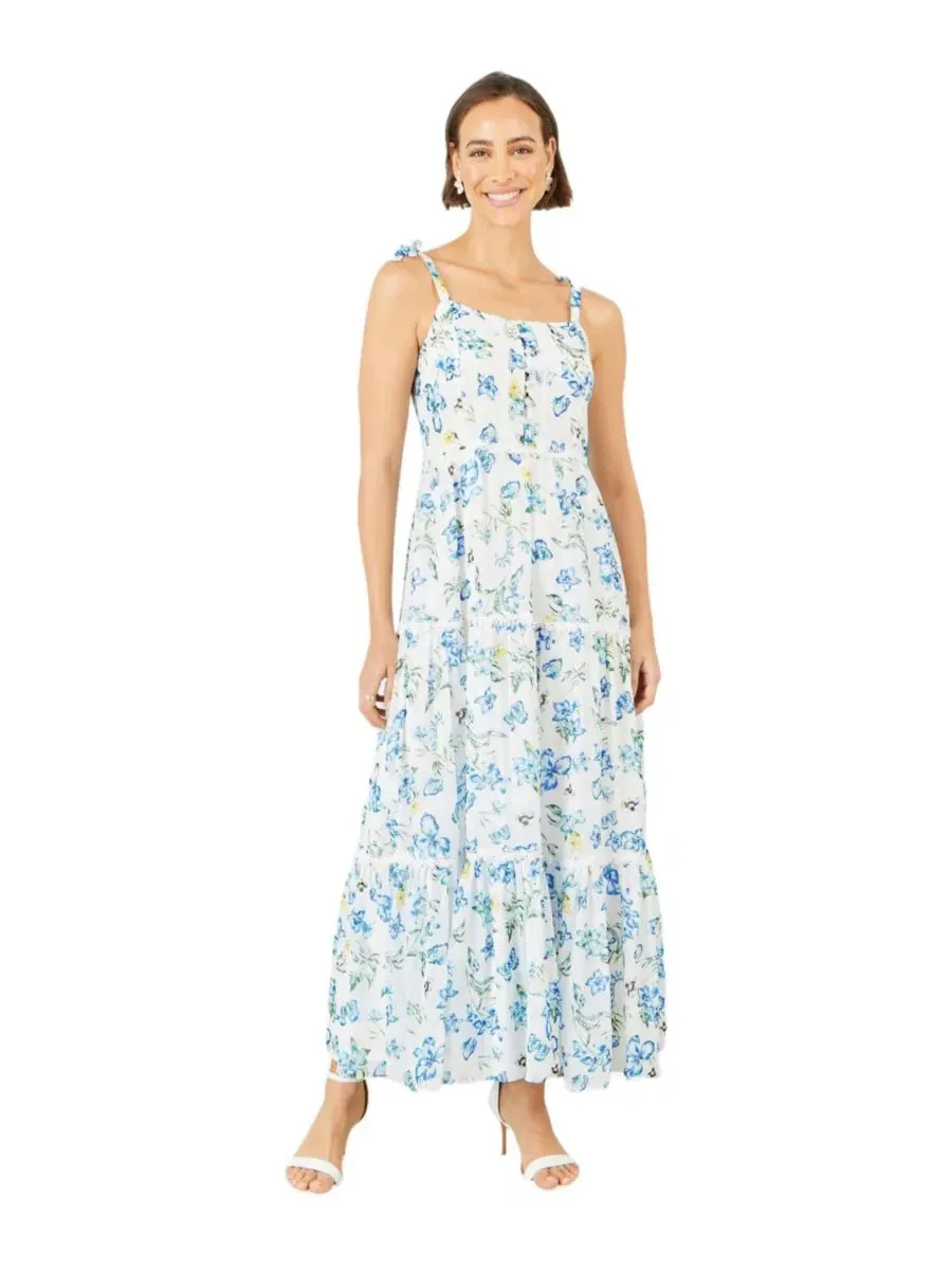 Макси-платье с цветочным принтом и кружевной отделкой Butterfly Print Lace Trim Yumi — изображение 1 из 8, белый