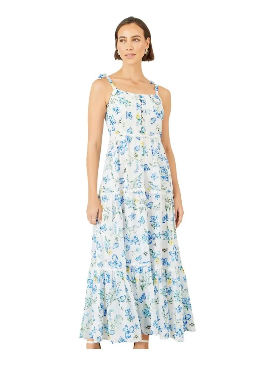 Макси-платье с цветочным принтом и кружевной отделкой Butterfly Print Lace Trim Yumi — изображение 2 из 8, белый