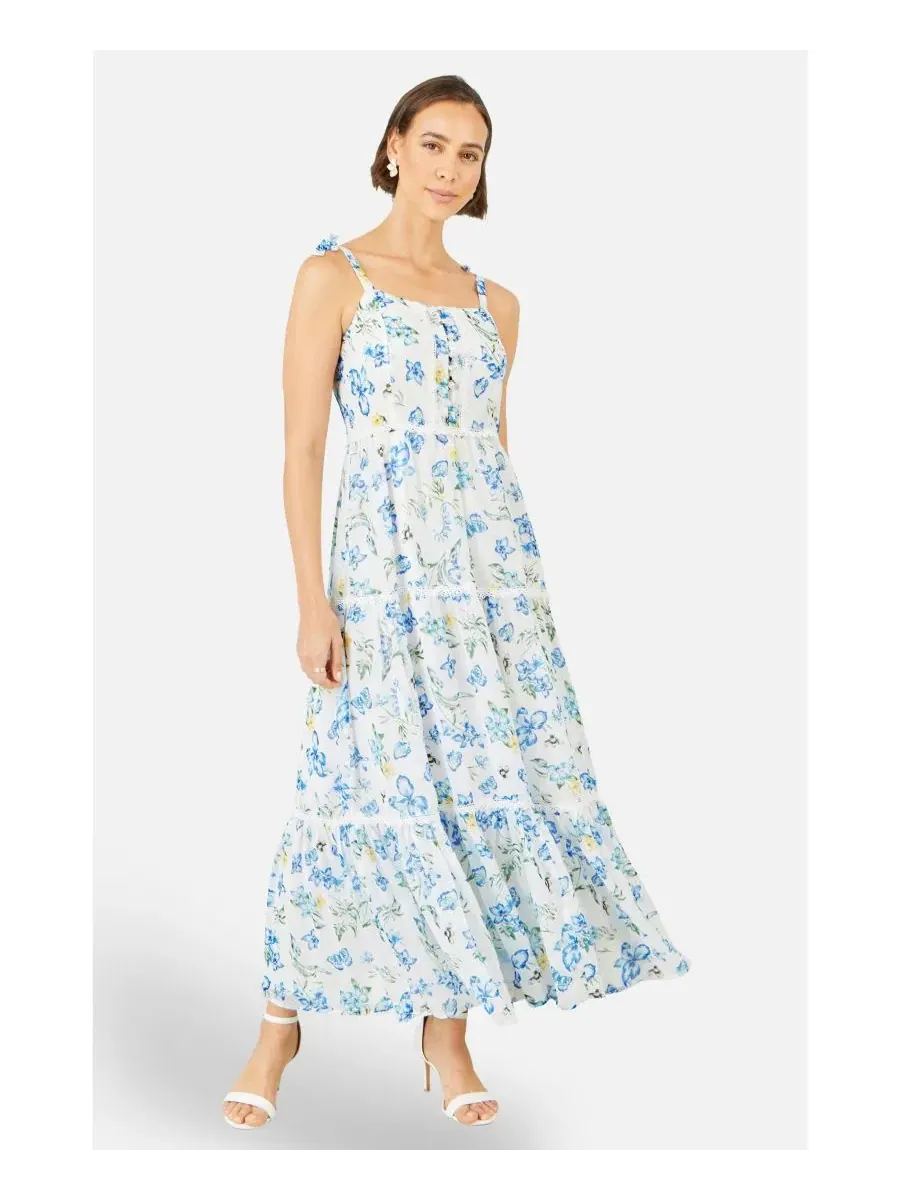 Макси-платье с цветочным принтом и кружевной отделкой Butterfly Print Lace Trim Yumi — изображение 5 из 8, белый