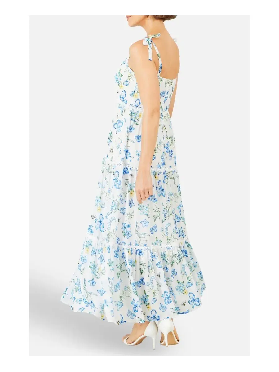 Макси-платье с цветочным принтом и кружевной отделкой Butterfly Print Lace Trim Yumi — изображение 7 из 8, белый