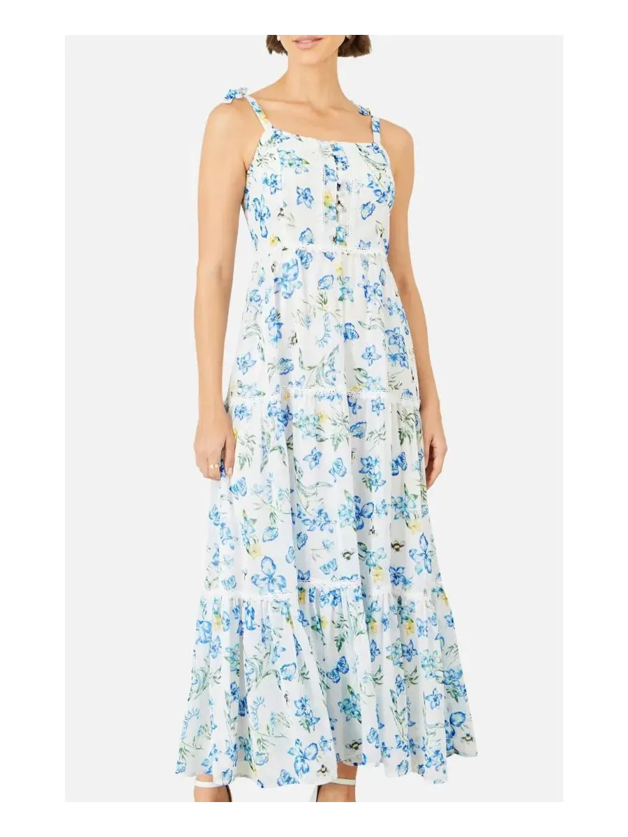 Макси-платье с цветочным принтом и кружевной отделкой Butterfly Print Lace Trim Yumi — изображение 8 из 8, белый