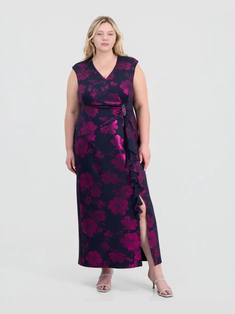 Платье-макси с рюшами и брошью, модель Ruffled Brooch-Embellished Dress Connected — изображение 1 из 5, темно-синий