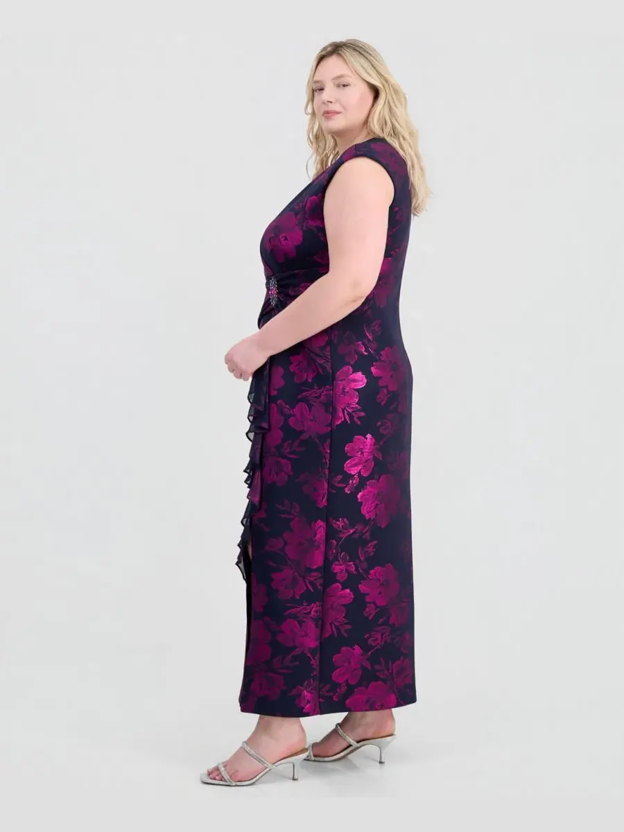 Платье-макси с рюшами и брошью, модель Ruffled Brooch-Embellished Dress Connected — изображение 3 из 5, темно-синий