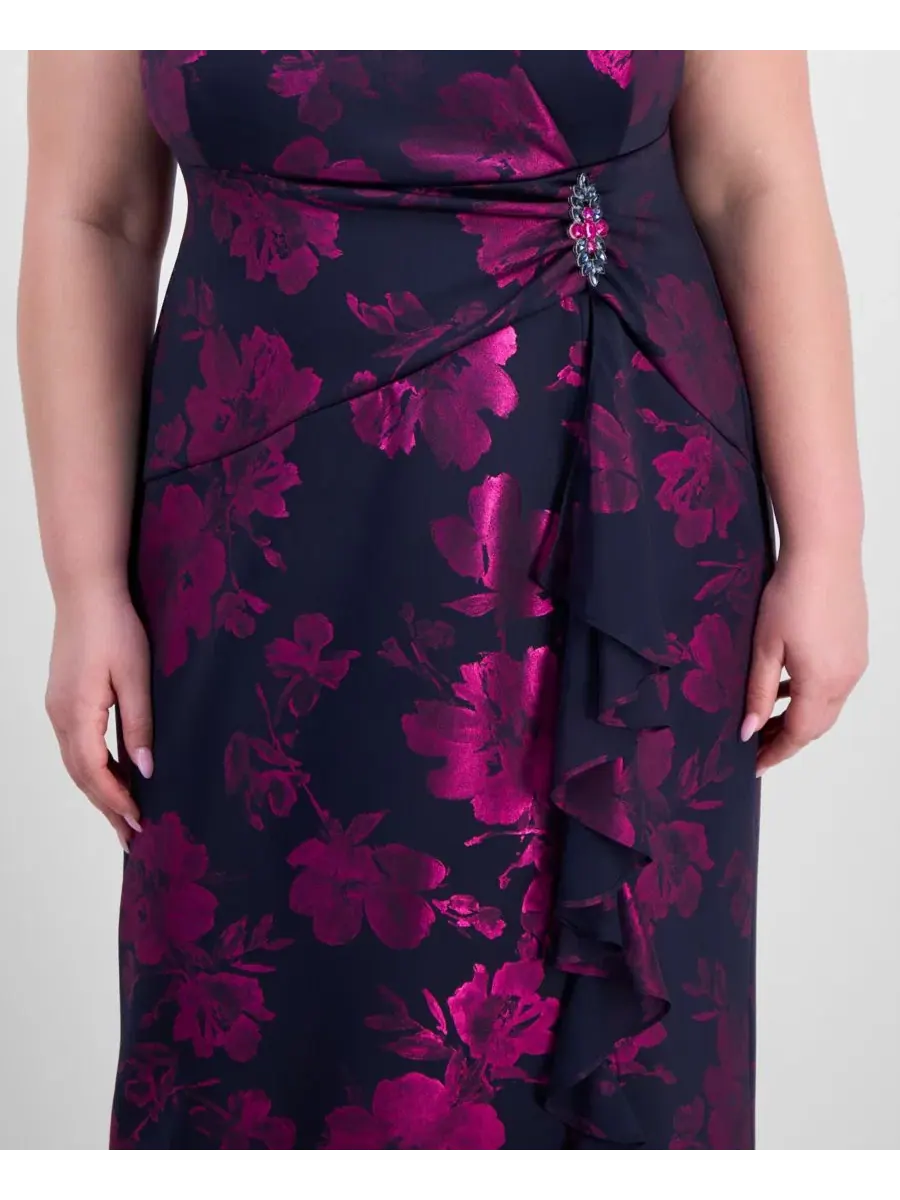 Платье-макси с рюшами и брошью, модель Ruffled Brooch-Embellished Dress Connected — изображение 4 из 5, темно-синий