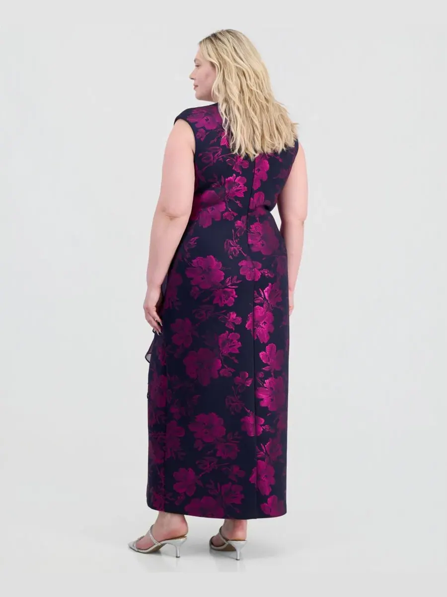 Платье-макси с рюшами и брошью, модель Ruffled Brooch-Embellished Dress Connected — изображение 5 из 5, темно-синий