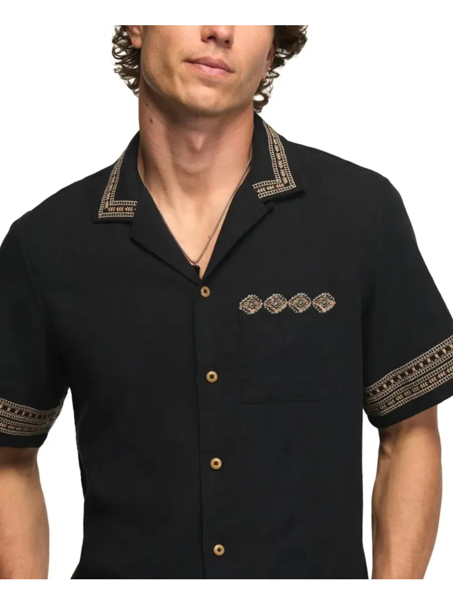Мужская рубашка с коротким рукавом и вышивкой, классический крой, Camp Collar Lucky Brand — изображение 4 из 5, черный