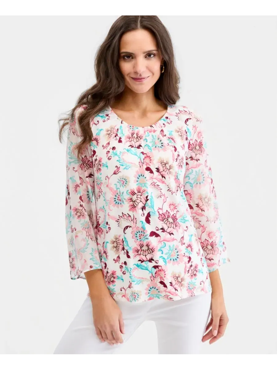 Блуза из шифона с принтом, 3/4 рукав, Bold Floral Scroll JM Collection, Sugar Swizle