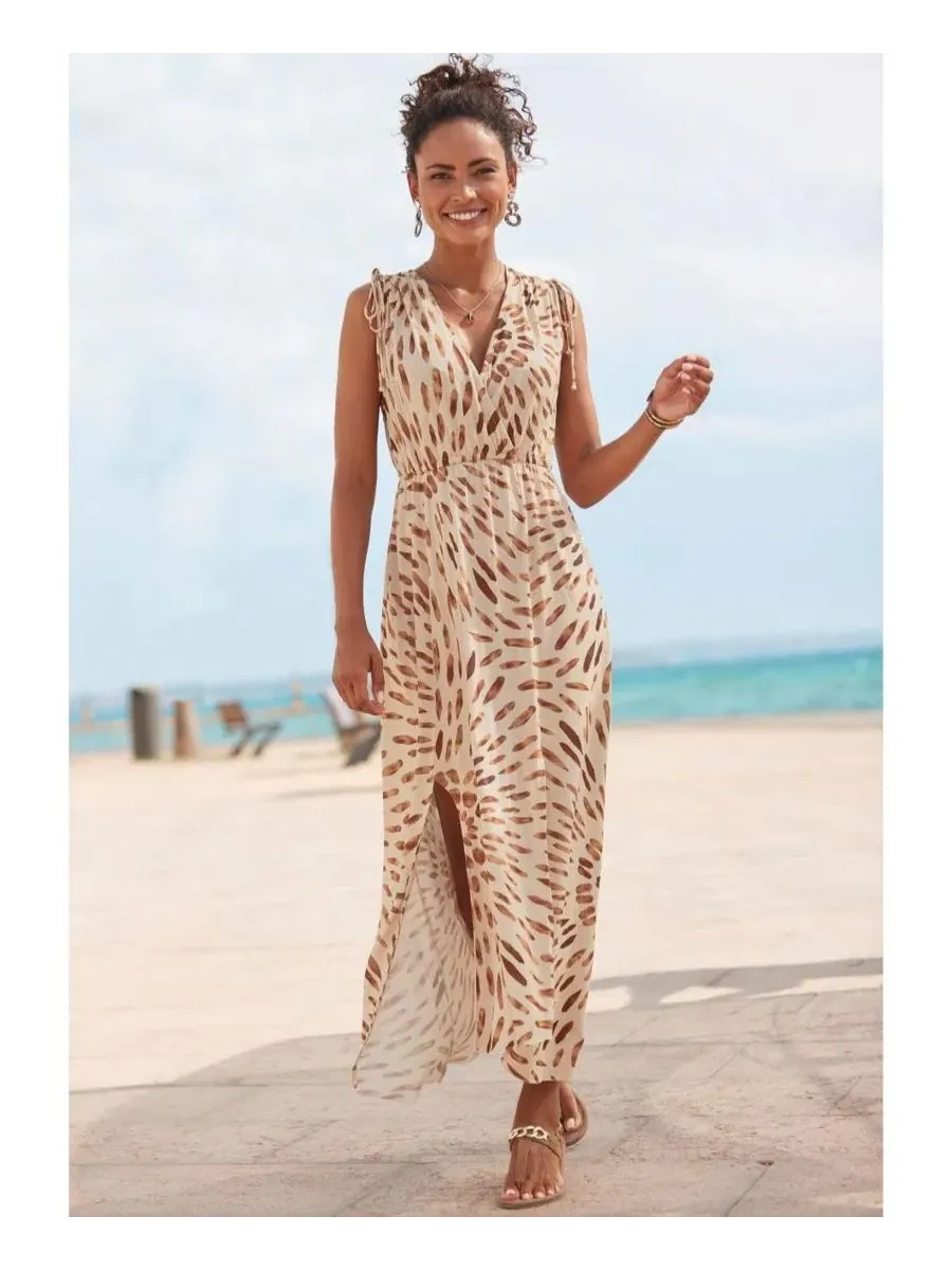 Платье-макси с завязками Tie Detail Maxi Dress LASCANA — изображение 2 из 6, коричневый мульти
