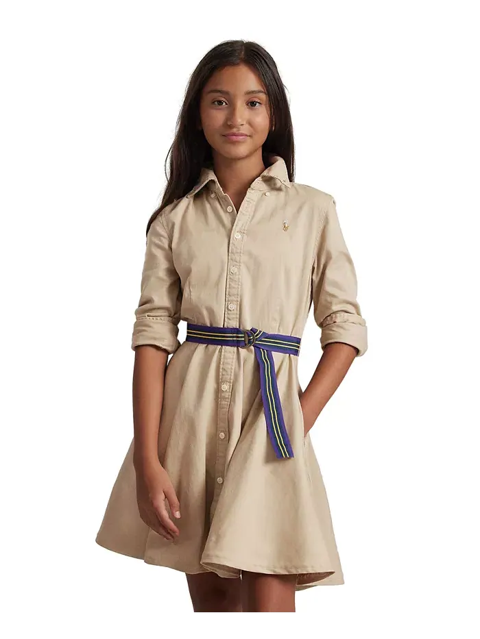 Хлопковое платье-рубашка с поясом Big Girls Chino Polo Ralph Lauren — изображение 2 из 6, классический хаки