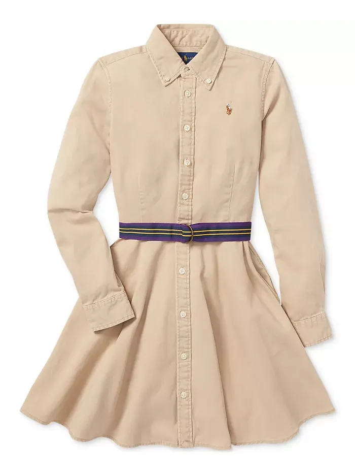Хлопковое платье-рубашка с поясом Big Girls Chino Polo Ralph Lauren — изображение 3 из 6, классический хаки