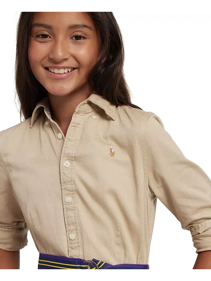 Хлопковое платье-рубашка с поясом Big Girls Chino Polo Ralph Lauren — изображение 5 из 6, классический хаки
