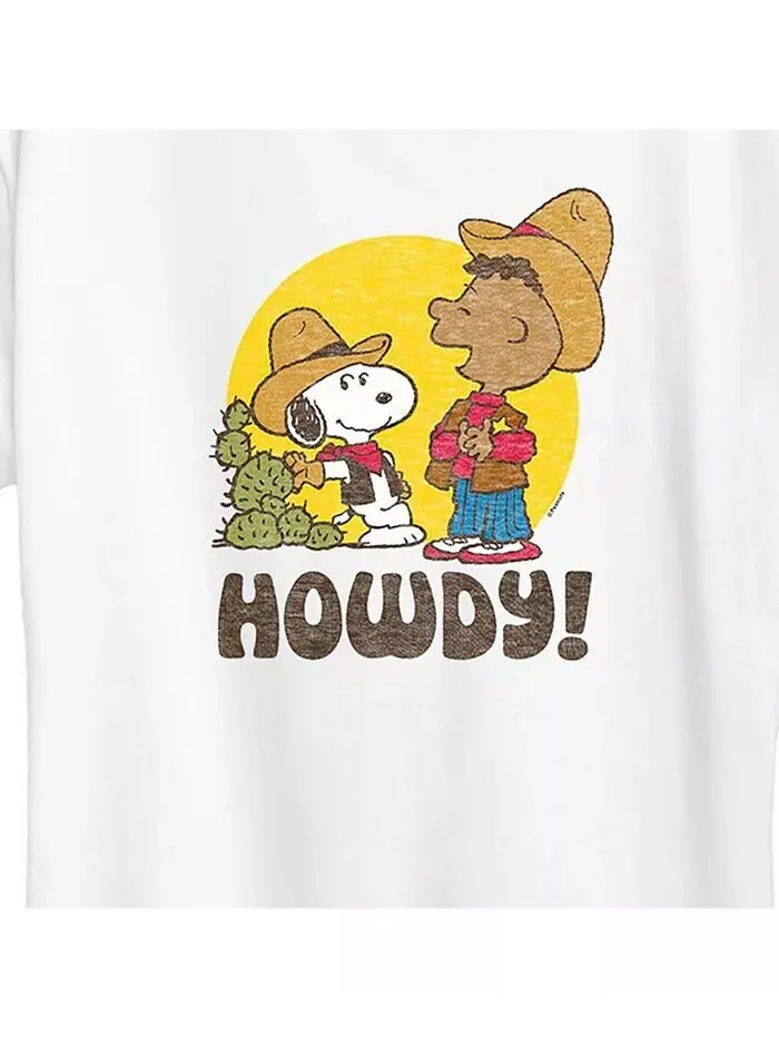 Модная футболка больших размеров с рисунком Peanuts Snoopy & Franklin Western Cowboy Howdy Hybrid — изображение 3 из 3, белый