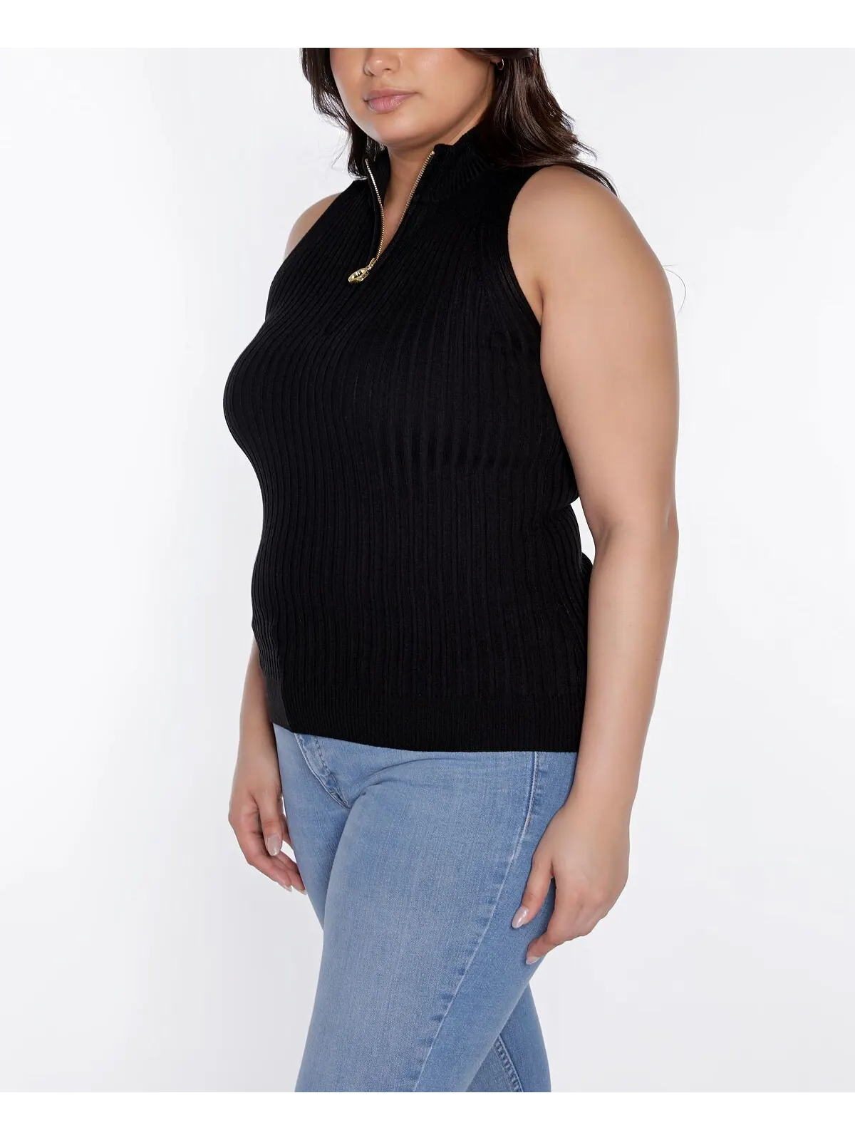 Свитер без рукавов с молнией в четверть размера Black Label Plus Size Belldini — изображение 3 из 6, черный
