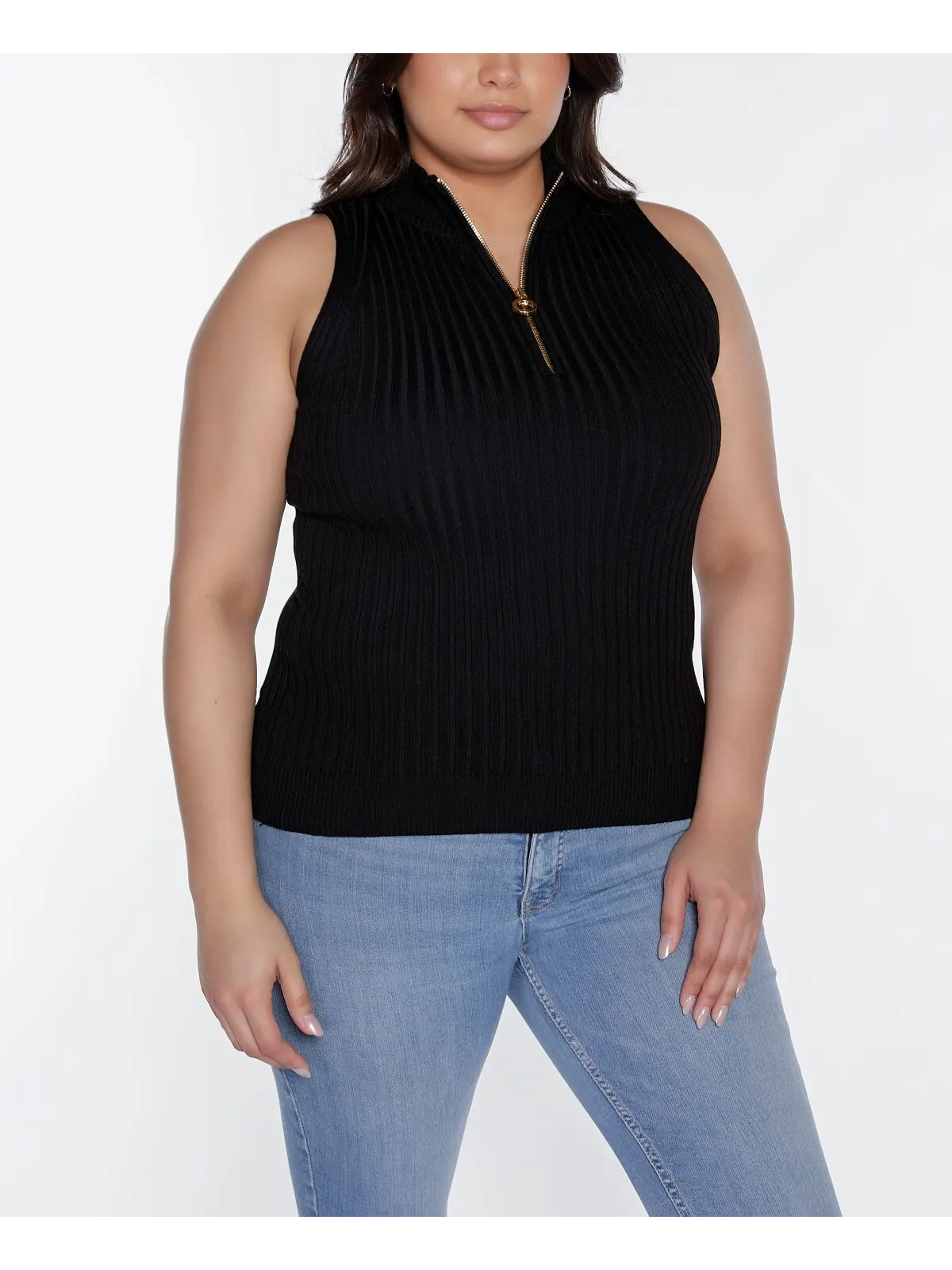 Свитер без рукавов с молнией в четверть размера Black Label Plus Size Belldini — изображение 5 из 6, черный