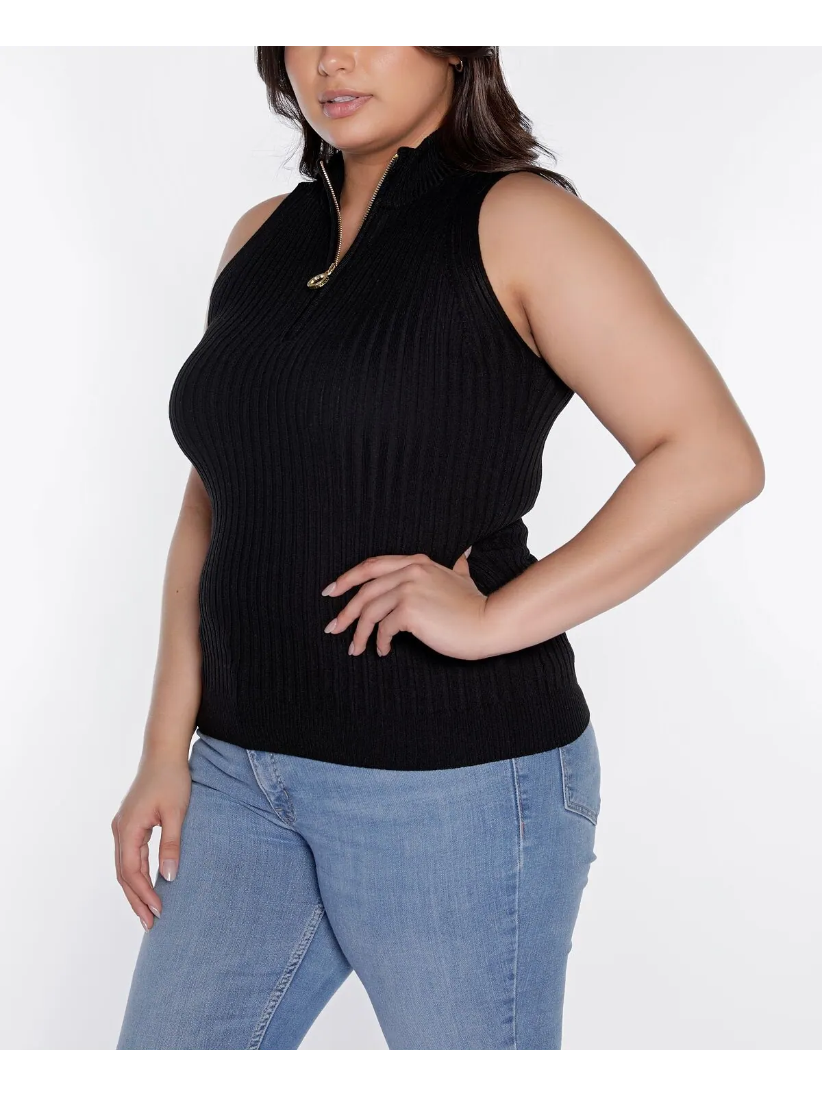 Свитер без рукавов с молнией в четверть размера Black Label Plus Size Belldini — изображение 6 из 6, черный