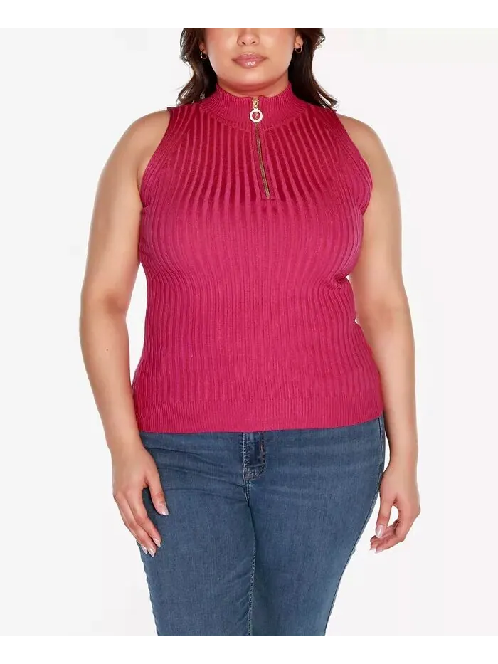 Свитер без рукавов с молнией в четверть размера Black Label Plus Size Belldini — изображение 1 из 5, розовый