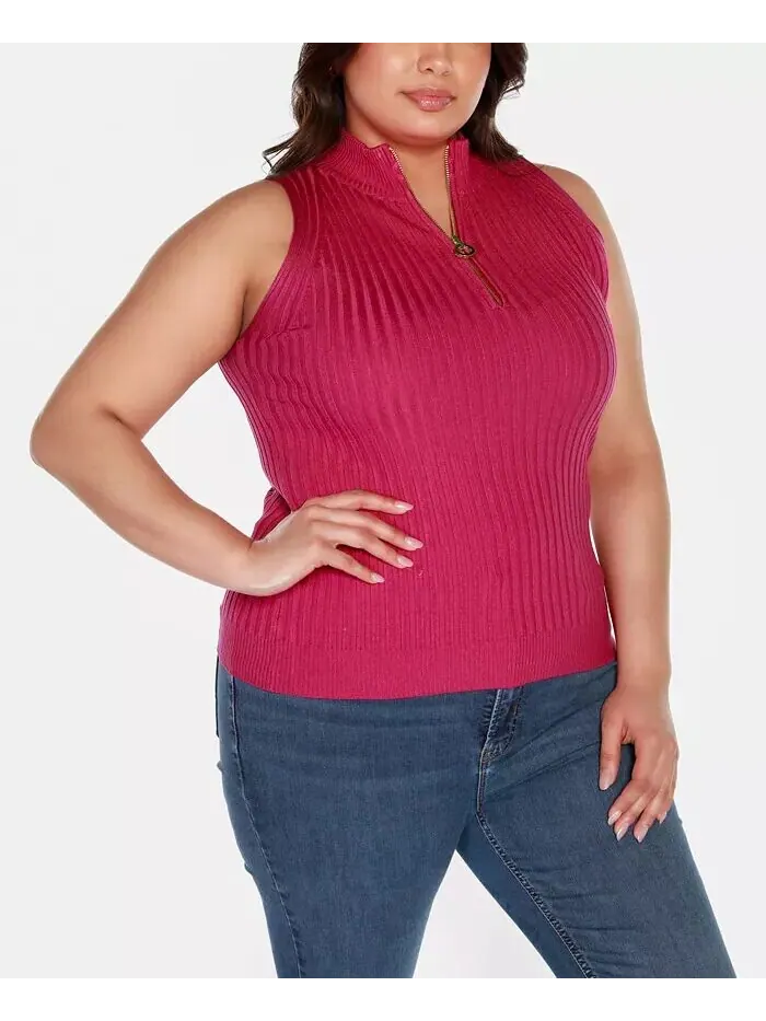 Свитер без рукавов с молнией в четверть размера Black Label Plus Size Belldini — изображение 5 из 5, розовый