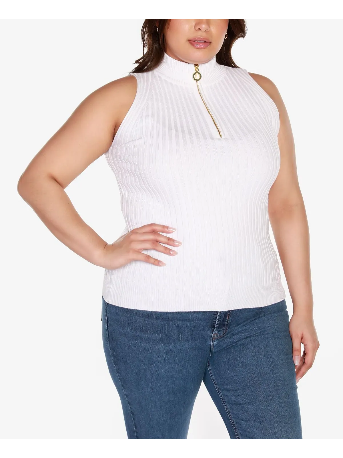 Свитер без рукавов с молнией в четверть размера Black Label Plus Size Belldini — изображение 5 из 5, белый