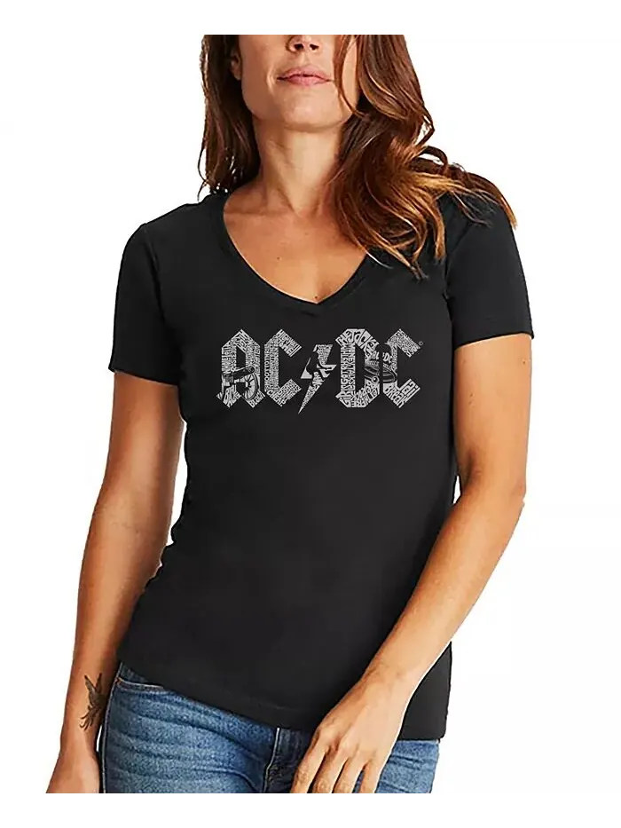 Женская футболка AC/DC Word Art с V-образным вырезом LA Pop Art — изображение 3 из 3, черный