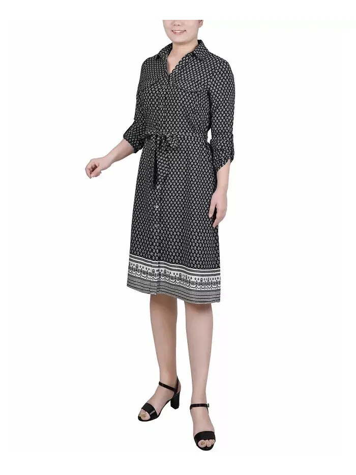 Платье-рубашка с поясом и рукавами 3/4 Petite NY Collection — изображение 3 из 3, черный
