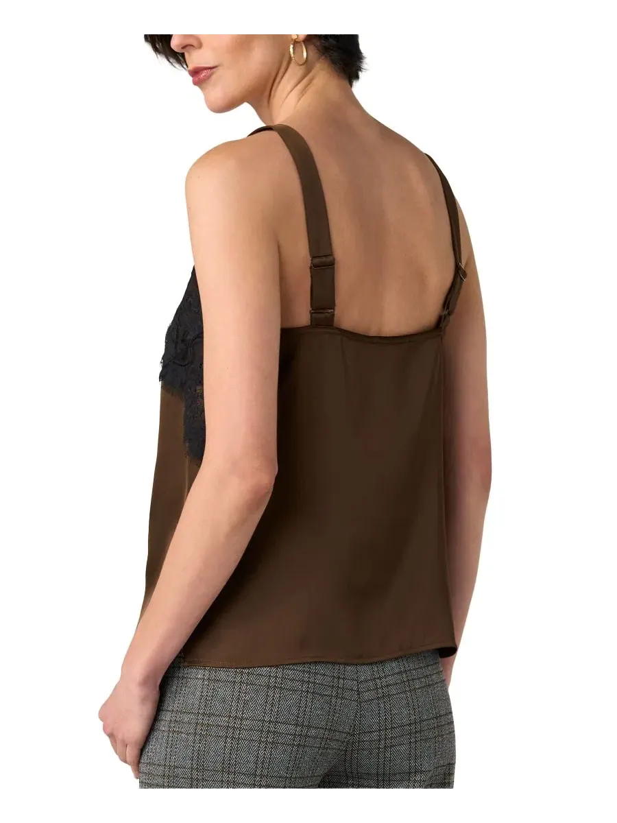 Топ-камисоль с кружевной отделкой Petite Lace V-Neck Camisole Liverpool Los Angeles, Dark Espresso — изображение 3 из 3