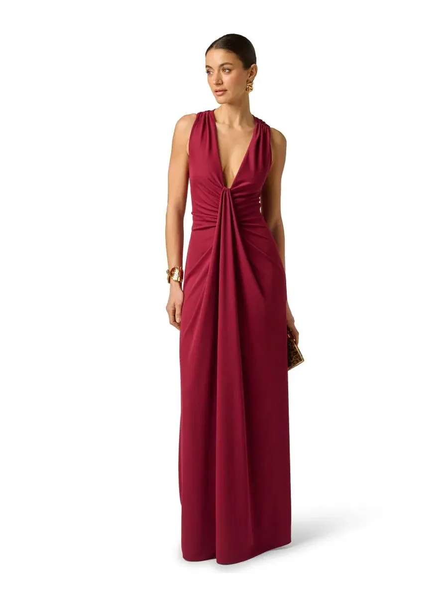 Платье-бальное с запахом Artisan Plunge V-Neck Draped Ball Gown Adrianna — изображение 2 из 5, багряный