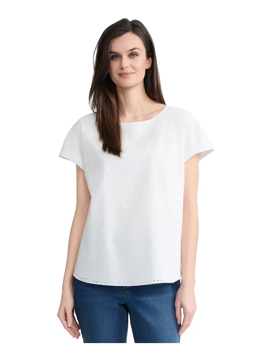 Топ с коротким рукавом и вырезом-лодочка Eyelet Boat Neck Button Detail Jones New York — изображение 1 из 4, белый