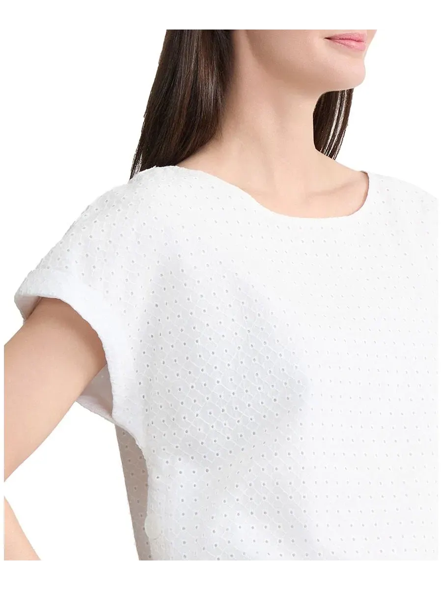Топ с коротким рукавом и вырезом-лодочка Eyelet Boat Neck Button Detail Jones New York — изображение 3 из 4, белый
